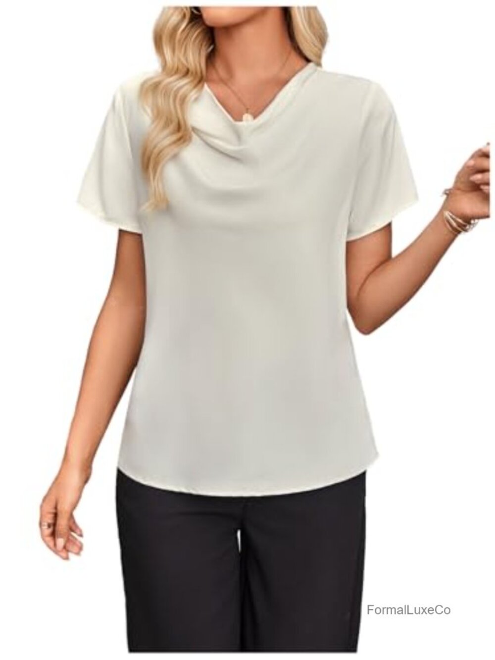 SweatyRocks Satin Draped Blouse Cowl Neck Short Sleeve Dressy Work Top